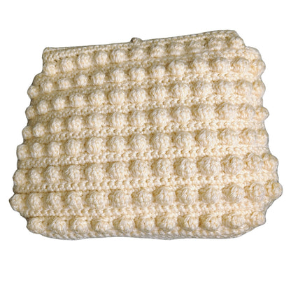 60s Crochet Cord Popcorn Pattern Beige Hand Bag Maxi Clutch Wooden Toggle Purse [Vintage]