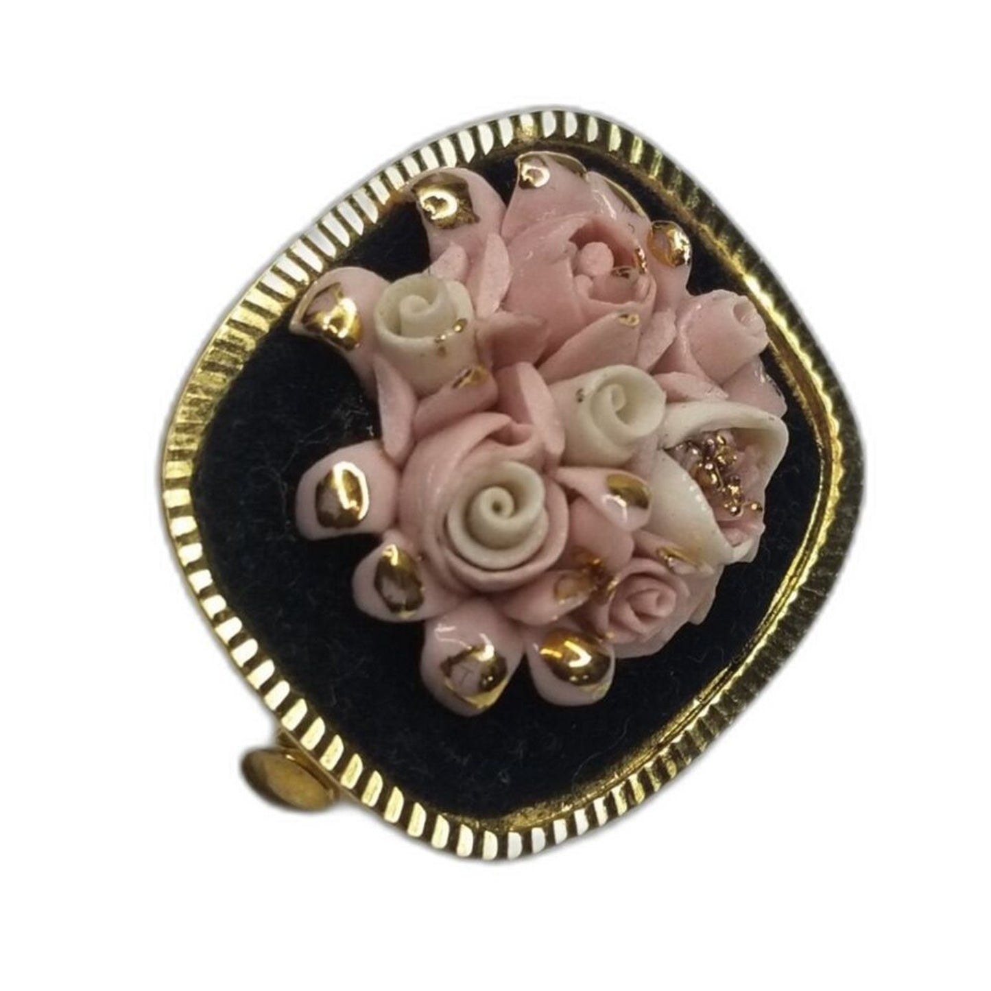 1980s Vintage Porcelain Roses Hand Painted Brooch Pin Porcelana Mercedes