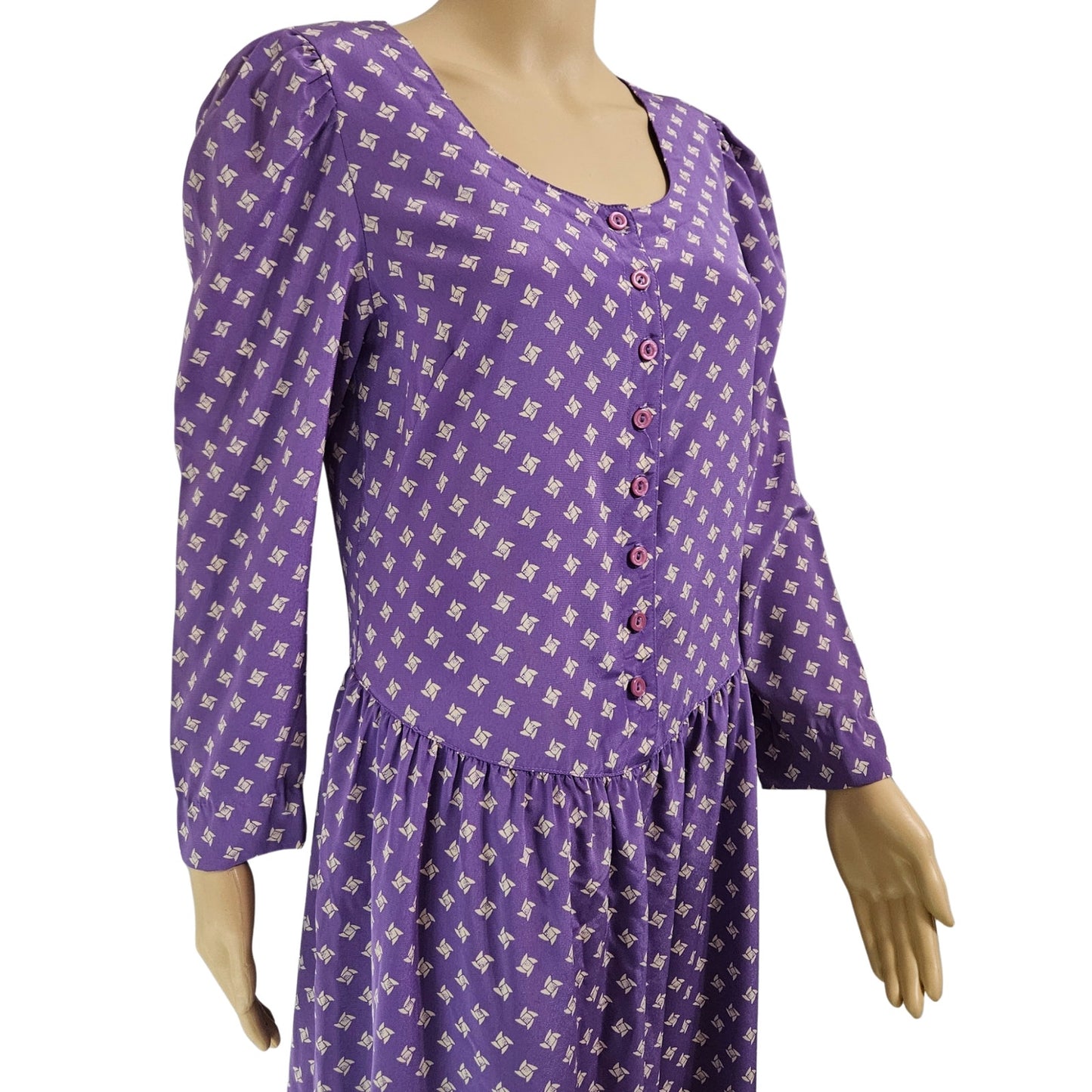 1980s 1990s Purple Puffy Long Sleeve Midi Drop Waist Dress Size 7/8 Petite [Vintage]