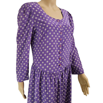 1980s 1990s Purple Puffy Long Sleeve Midi Drop Waist Dress Size 7/8 Petite [Vintage]