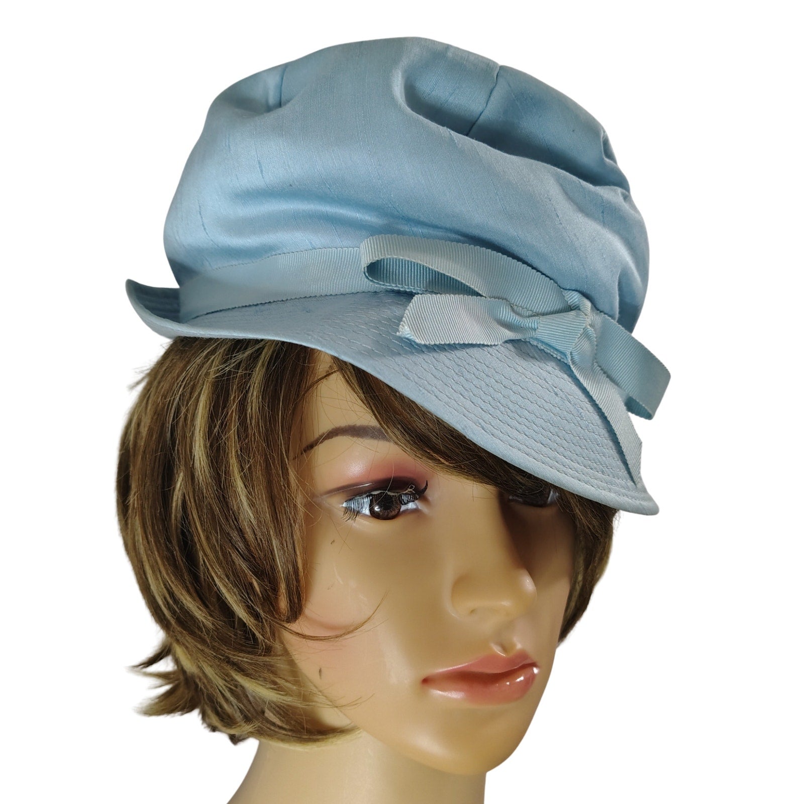 1950s Pale Blue Bucket Cloche Hat Scrunched Bow Detail with Brim USA Union Made [Vintage]