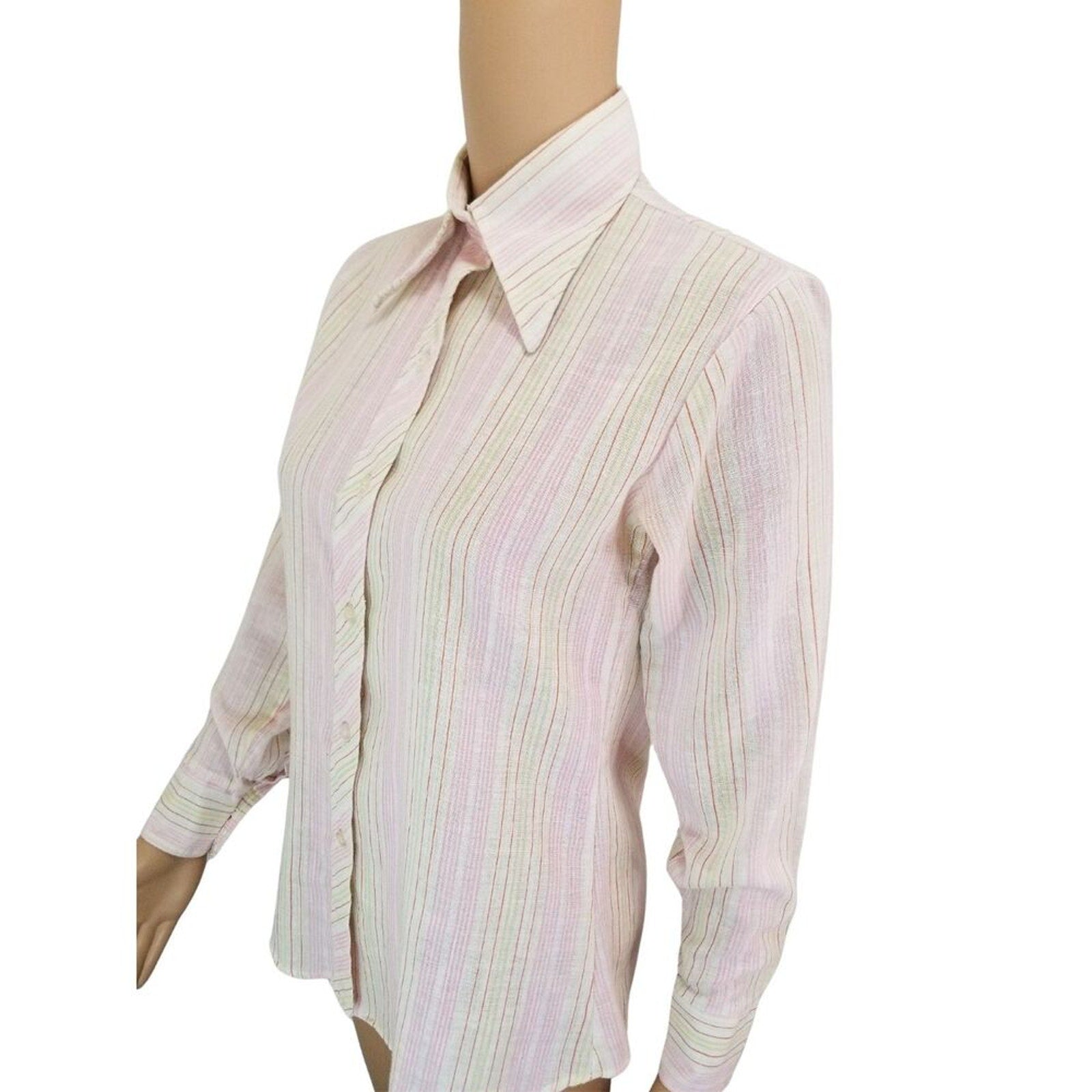 50s Vintage Wing Tip Collar Button Up Shirt Pink Cream Green Stripe Size 9/10 [Vintage]