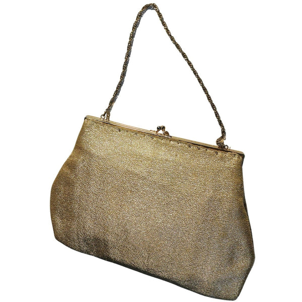 1950s Vintage Gold Metallic Round Gold Chain Handle Prom Bag Kiss Closure Purse