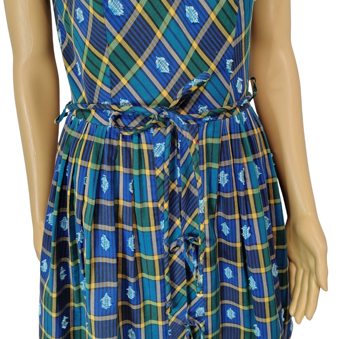 Belted Blue Green Plaid Vintage Handmade Pleated Ribbon Tie Midi Dress Size Small [Vintage]