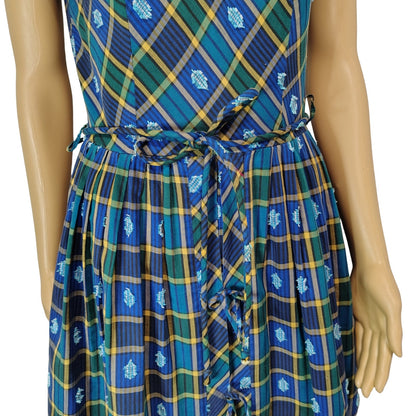 Belted Blue Green Plaid Vintage Handmade Pleated Ribbon Tie Midi Dress Size Small [Vintage]