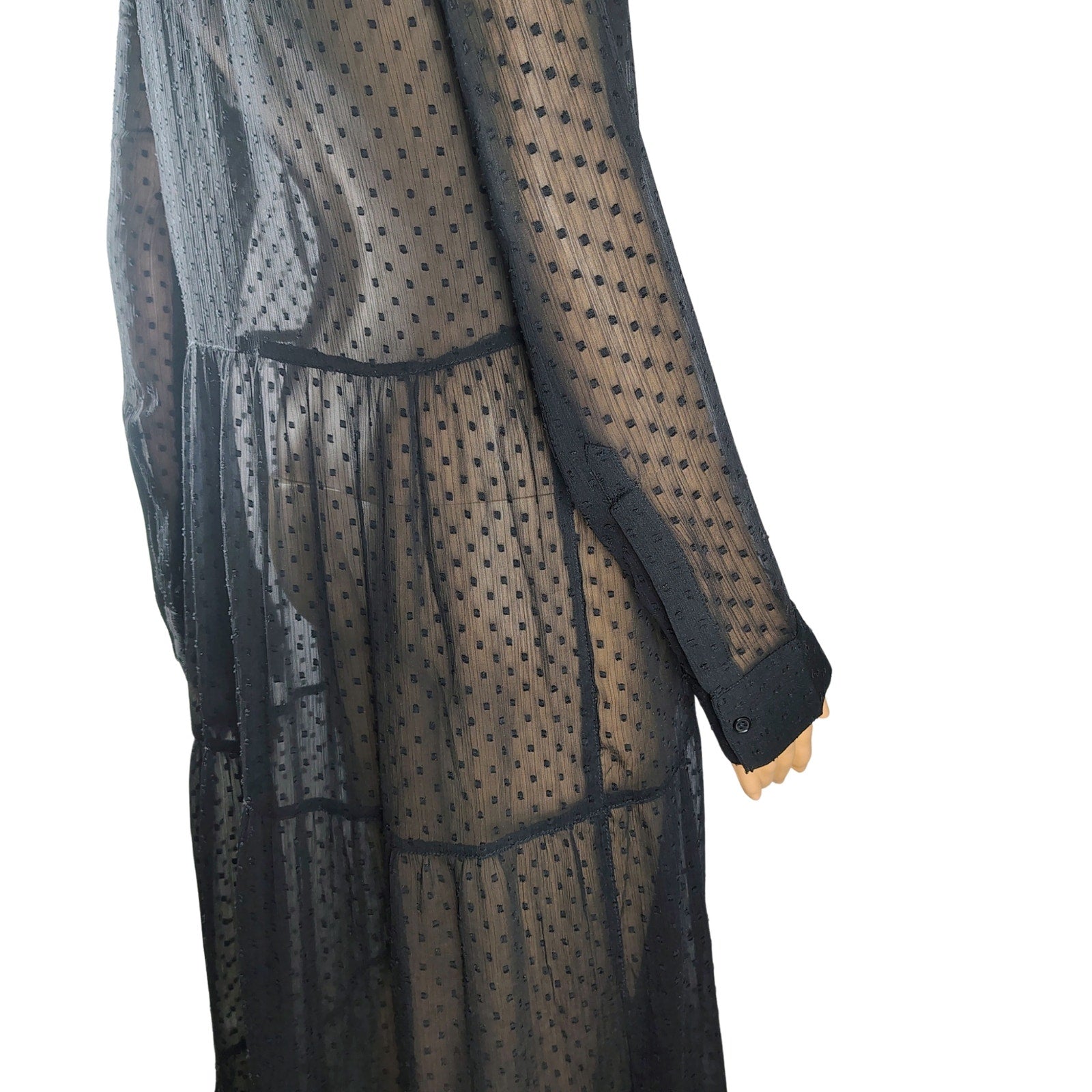 VENUS Black Sheer Polka Dots Button Up Flare Maxi Fold Down Collar Dress Size 8