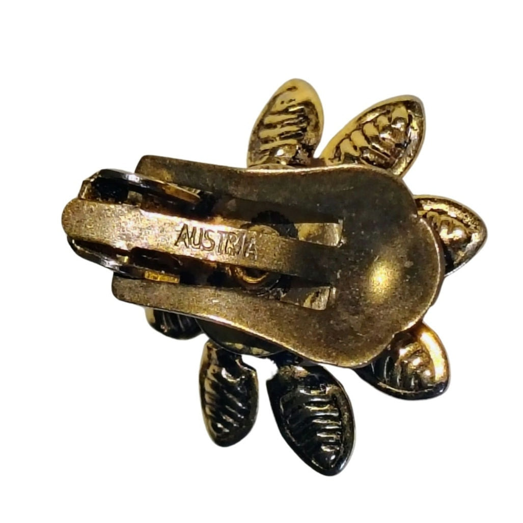 1990s Red Faceted Crystal Flower Gold Clip On Earrings Signed Austria [Vintage]