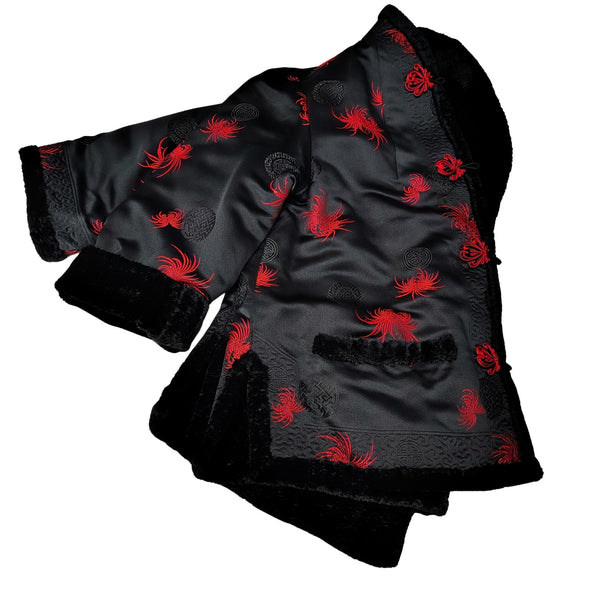 1970s Red Black Reversible Chinese Embroidered Fur Evening Jacket Size Small [Vintage]