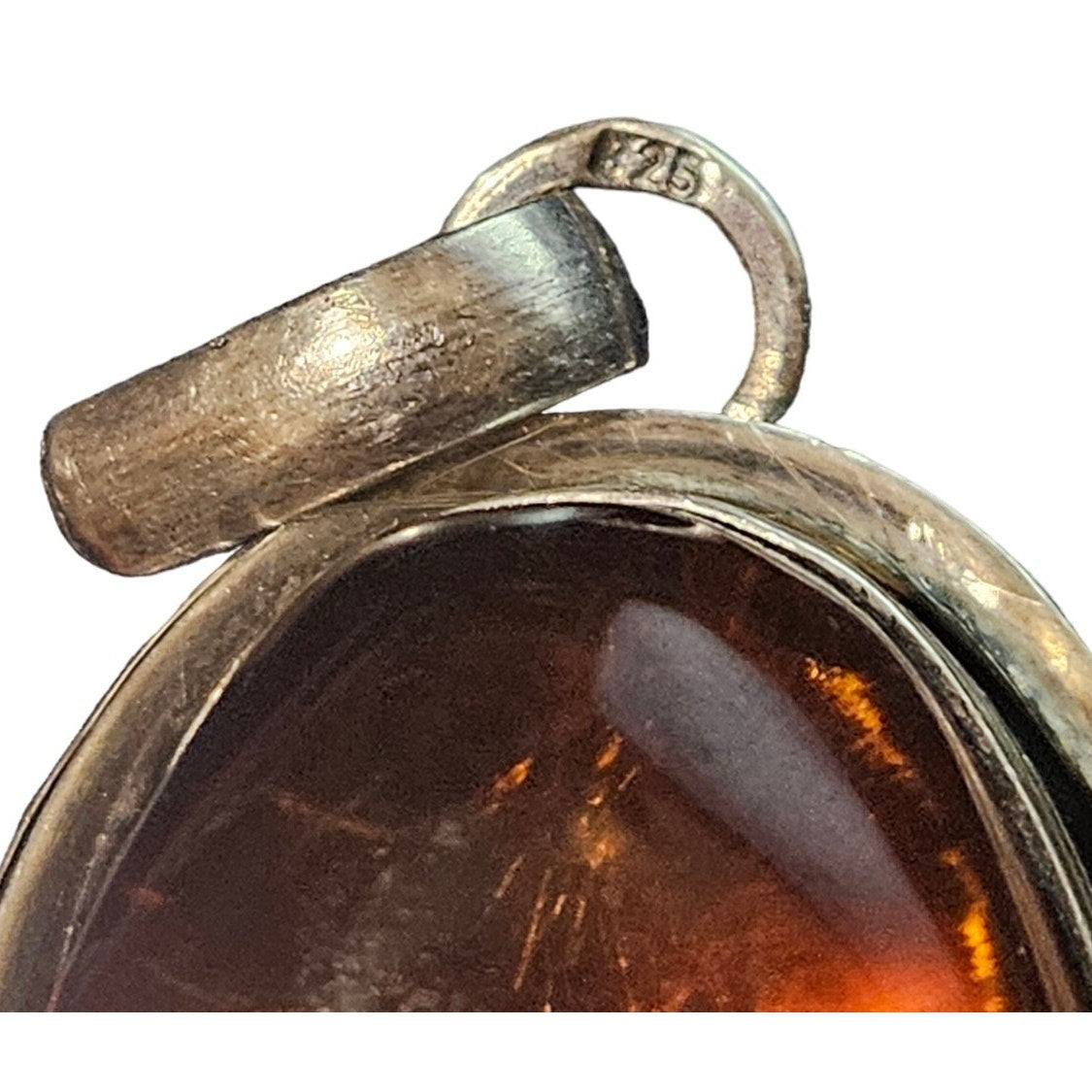 .925 Silver Large Honey Amber Wrapped Pendant Black Ribbon Necklace [VINTAGE]