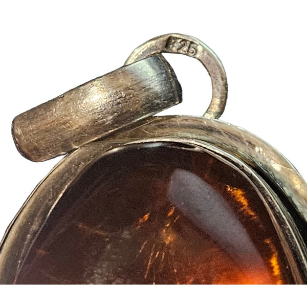 .925 Silver Large Honey Amber Wrapped Pendant Black Ribbon Necklace [VINTAGE]