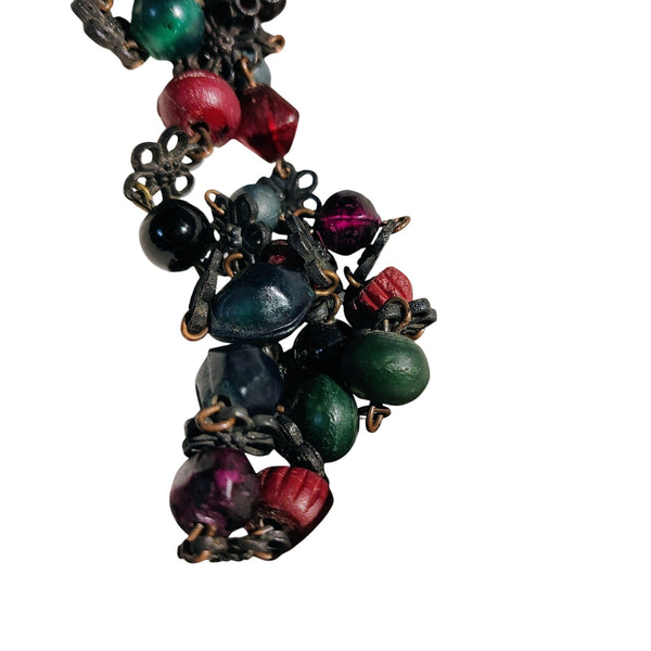 Vintage Floral Charms Multi Color Glass Beads Single Strand Necklace Black Metal