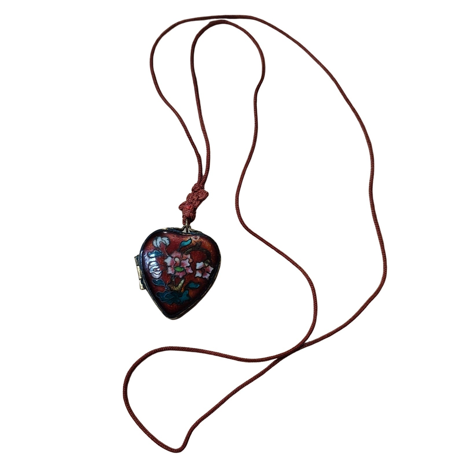 1900s Cloisonne Enamel Red Floral Heart Trinket Locket Pendant Necklace Red Cord [Antique]