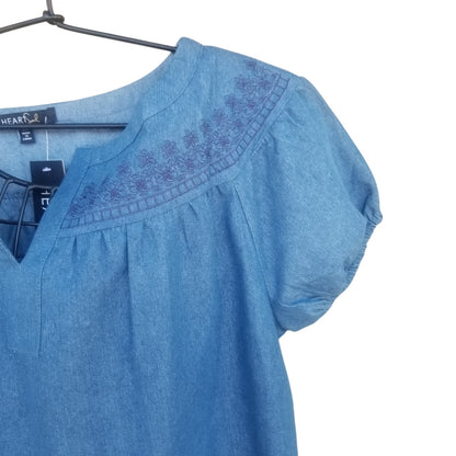 Heart Soul Embroidered Short Blue Jean Dress Cap Sleeves Lined Lace Hemline Size Large