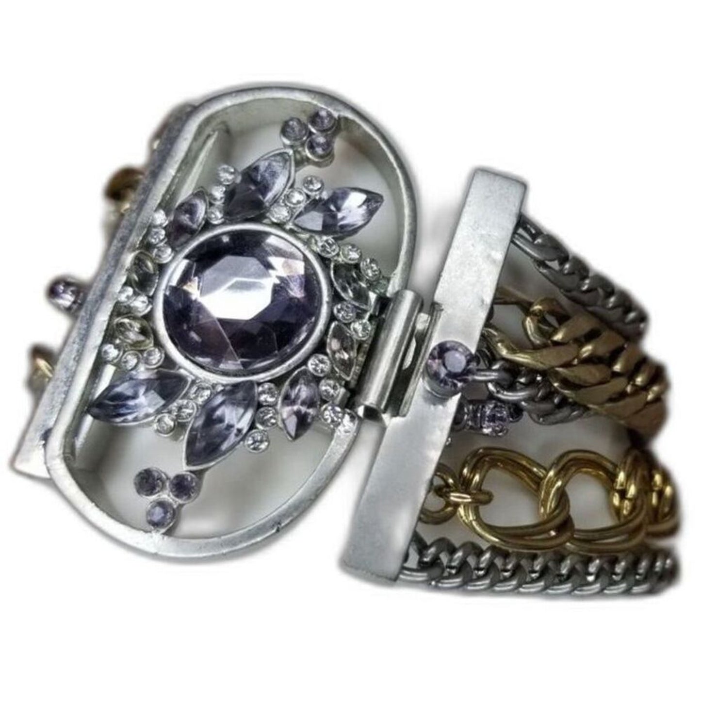 Vintage Layered Chain Link Gold Silver Tone Cuff Bracelet Crystal Adorned Flower