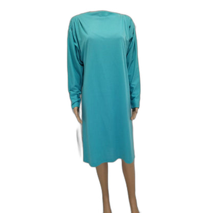 80s Vintage Handmade Long Sleeve Aquamarine High Neck Dress Size Medium