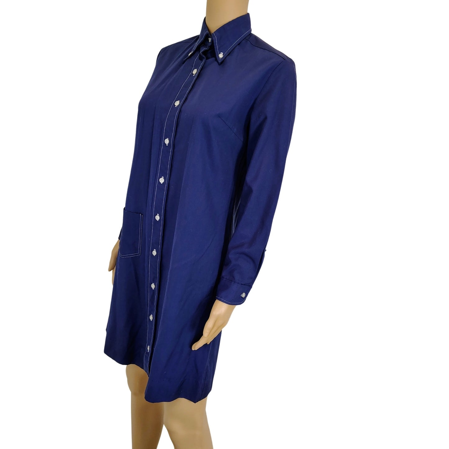 1970s Blue Button Down Shirt Dress Wing Tip Collar Seam Button Cuffed Sleeve Size Small [Vintage]