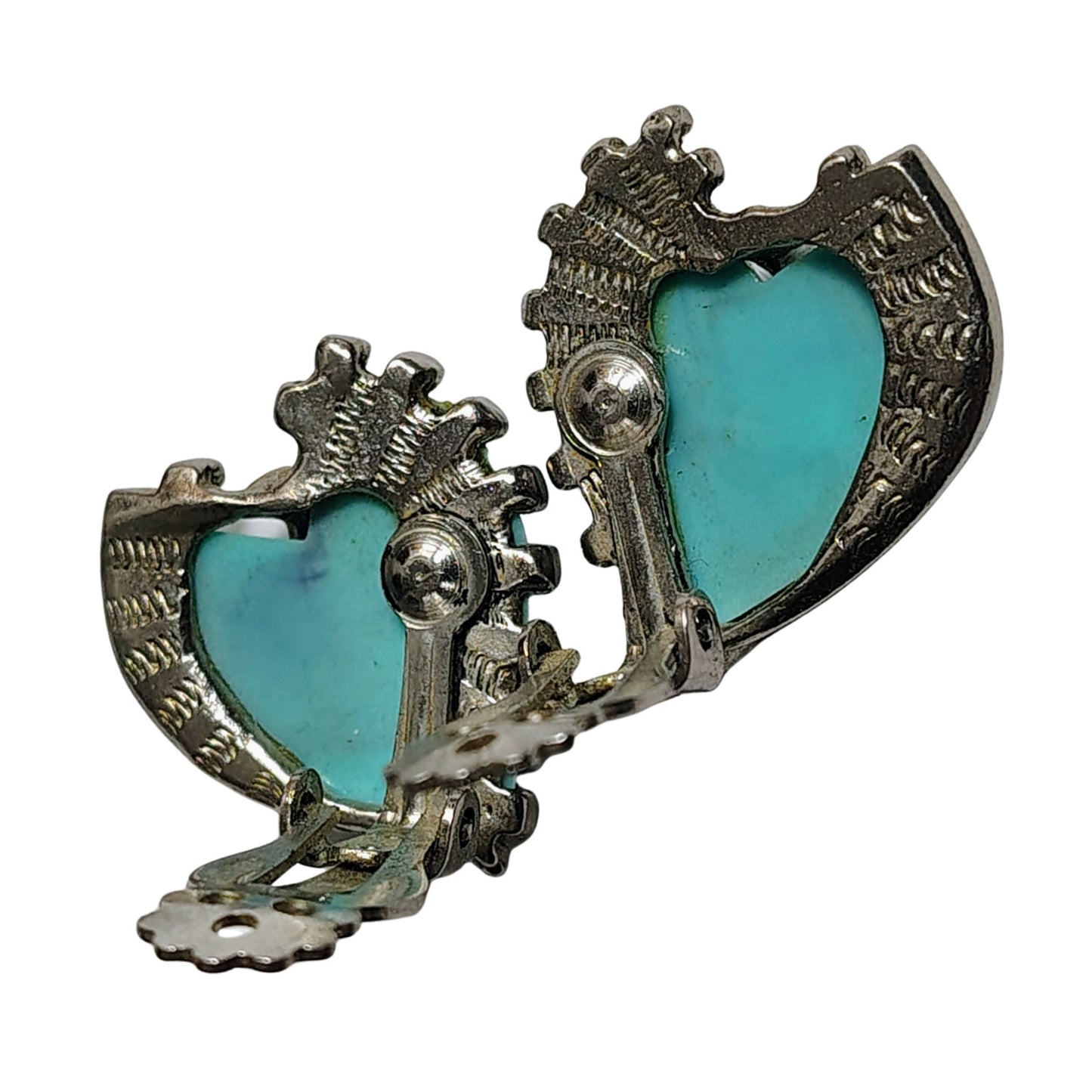 1980s Faux Turquoise Heart Silver Clip On Earrings Southwest Handcrafted Unique Bezel [Vintage]