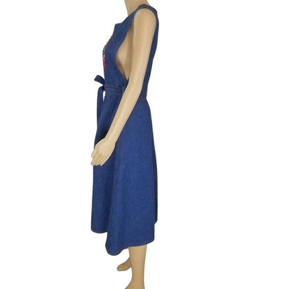 Blue Jean Crossroads Bird Patch Midi Jean Belted Fit Flare Tank Dress Size Large