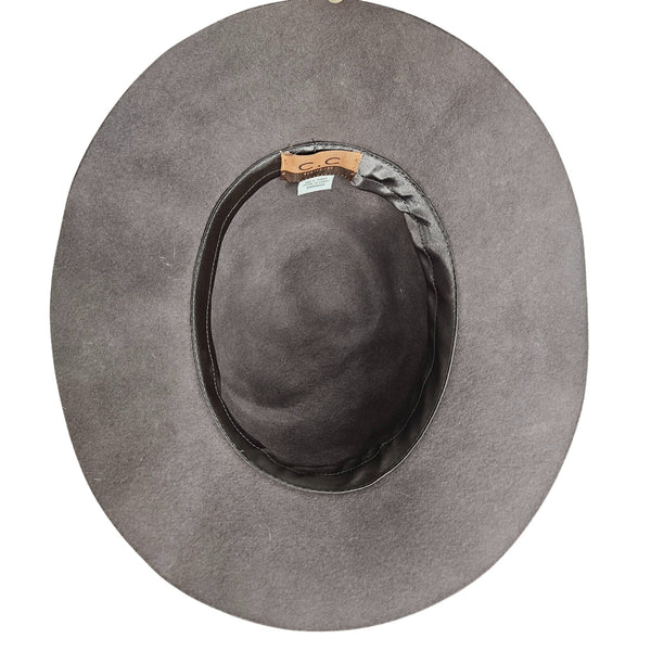 CC Exclusives Gray 100% Wool Wide Floppy Brim Hat Boho Braided Metal Chain Band