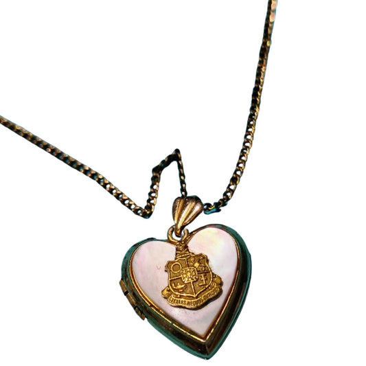 1940s Antique 12k GF Mother Of Pearl Heart Sweetheart Locket Chain Link Necklace [vintage]