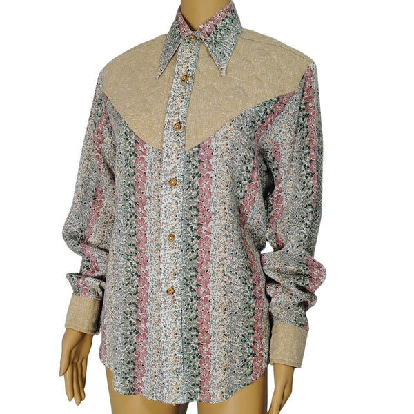 1970s Western Cream Floral Print Patchwork Quilted Yoke Button Up Shirt Size M [Vintage]