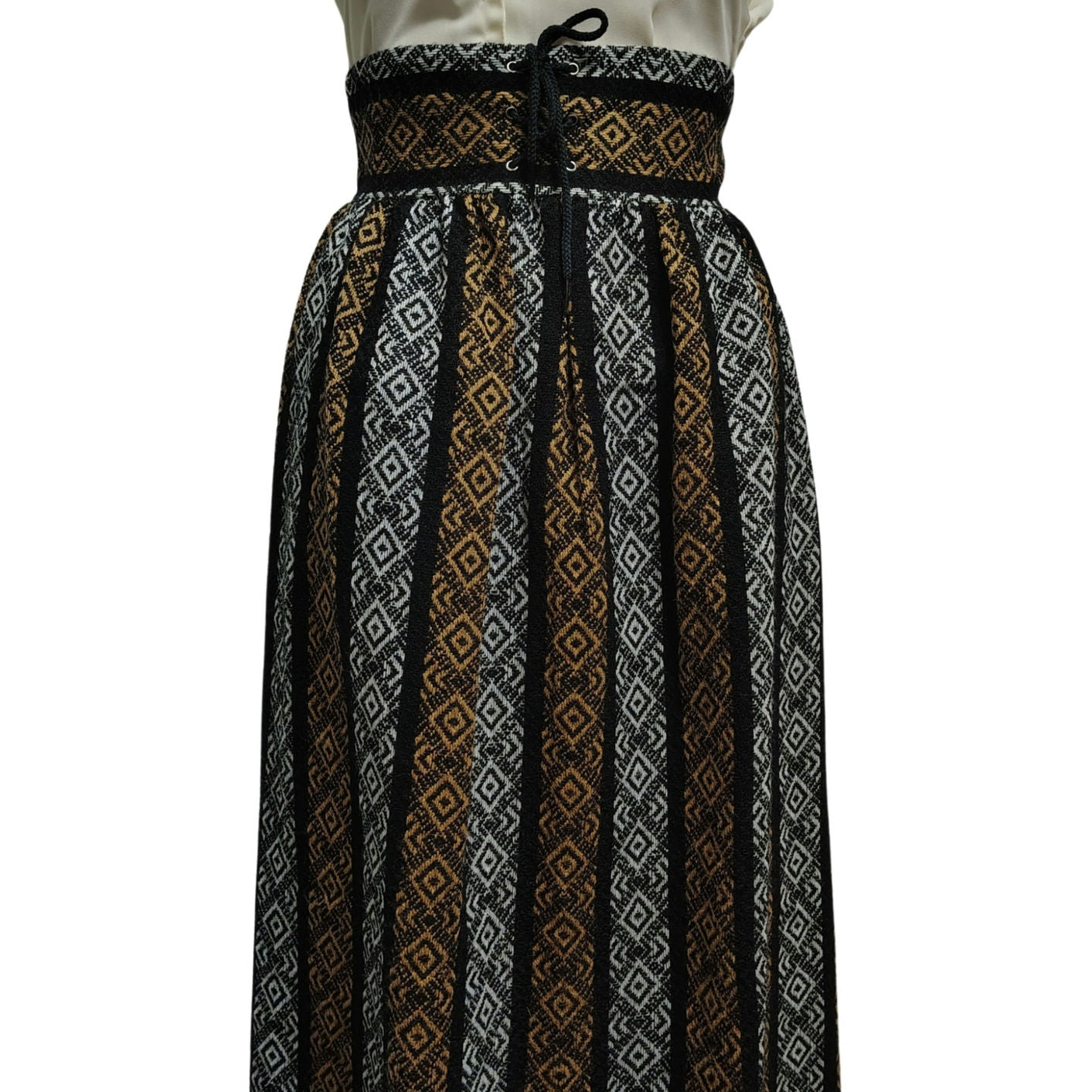 1960s High Waisted Handmade Tribal Boho Print Maxi Skirt Grommet Tie Front Size XXS [VINTAGE]