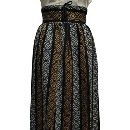 1960s High Waisted Handmade Tribal Boho Print Maxi Skirt Grommet Tie Front Size XXS [VINTAGE]