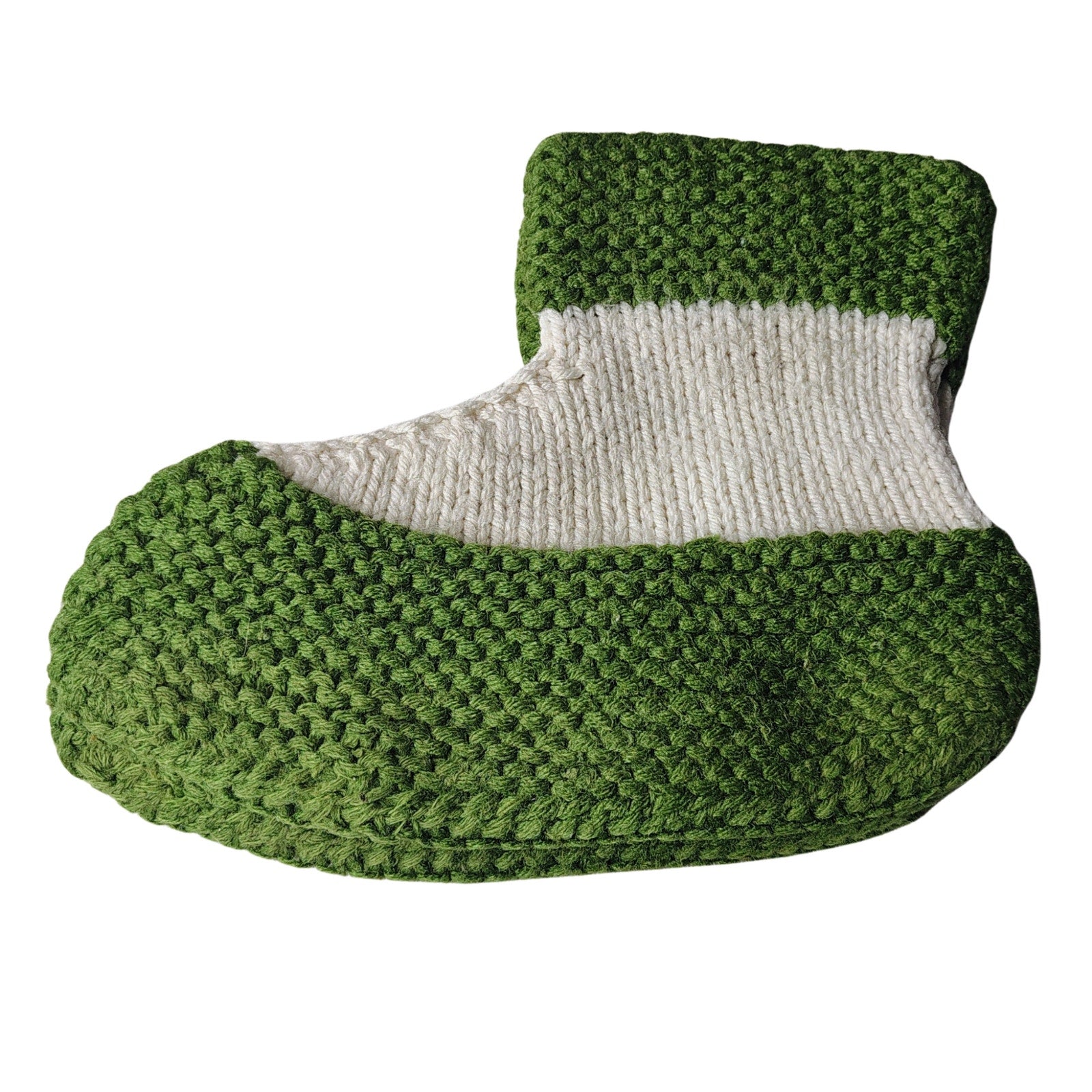 1970s Handmade Crochet Knit House Slippers Socks Booties Green White 10 In. [Vintage]