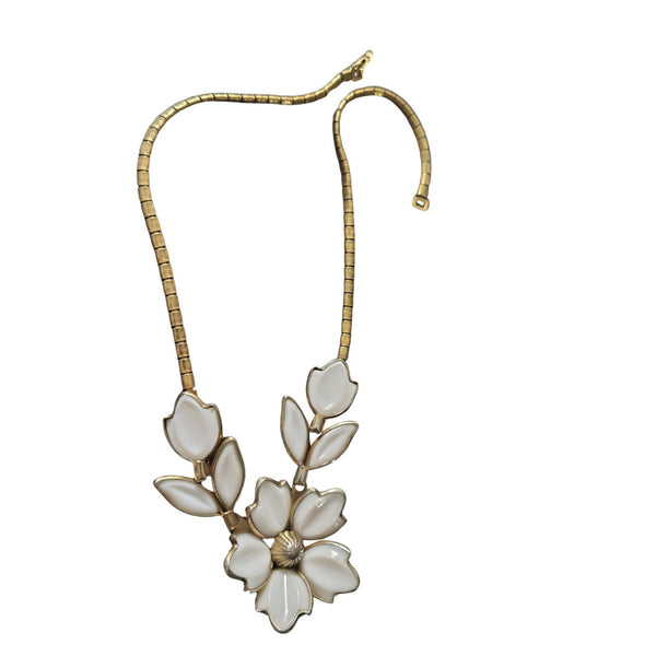 Vintage Crown Trifari White Milk Glass Flower Poured into Gold Tone Necklace
