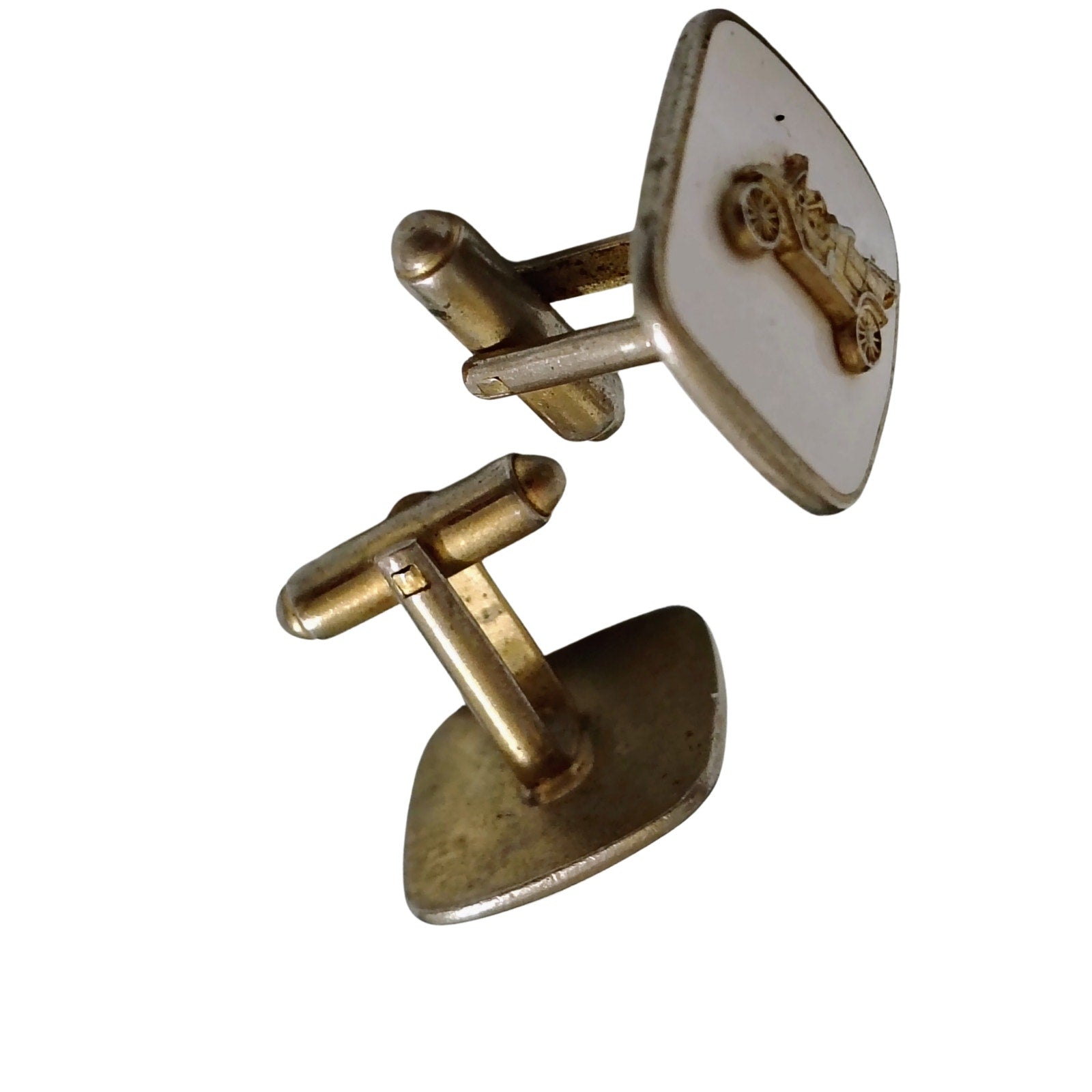 1950s White Enamel Cufflinks with Gold Metal Roadster Gently Used Set of Two