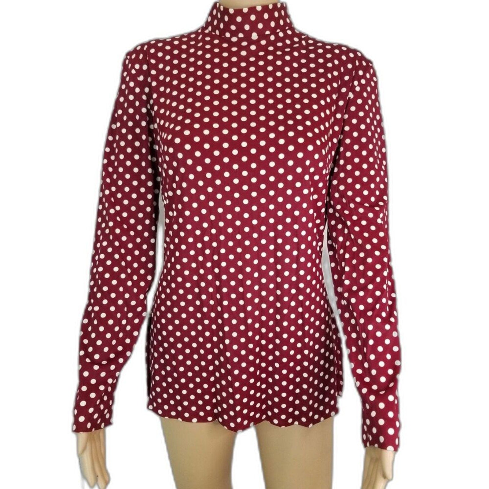 60s Vintage Go Go Burgundy White Polka Dot Long Sleeve Collar Tunic  Size Small [Vintage]