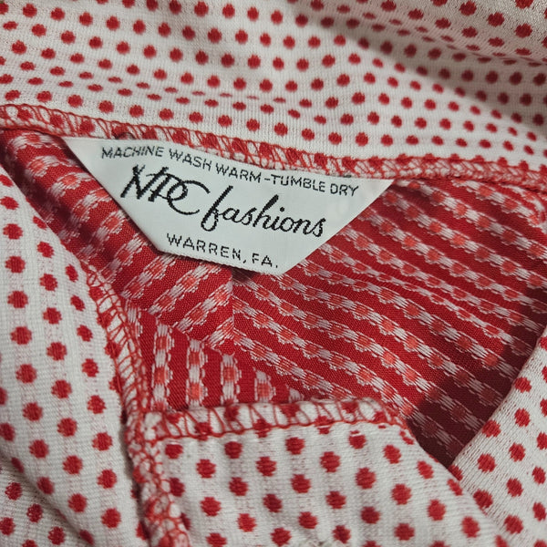 1970s Polka Dot Red White Color Block Pullover Long Sleeve Box Cut Top Size Large [Vintage]