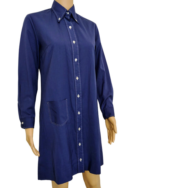 1970s Blue Button Down Shirt Dress Wing Tip Collar Seam Button Cuffed Sleeve Size Small [Vintage]