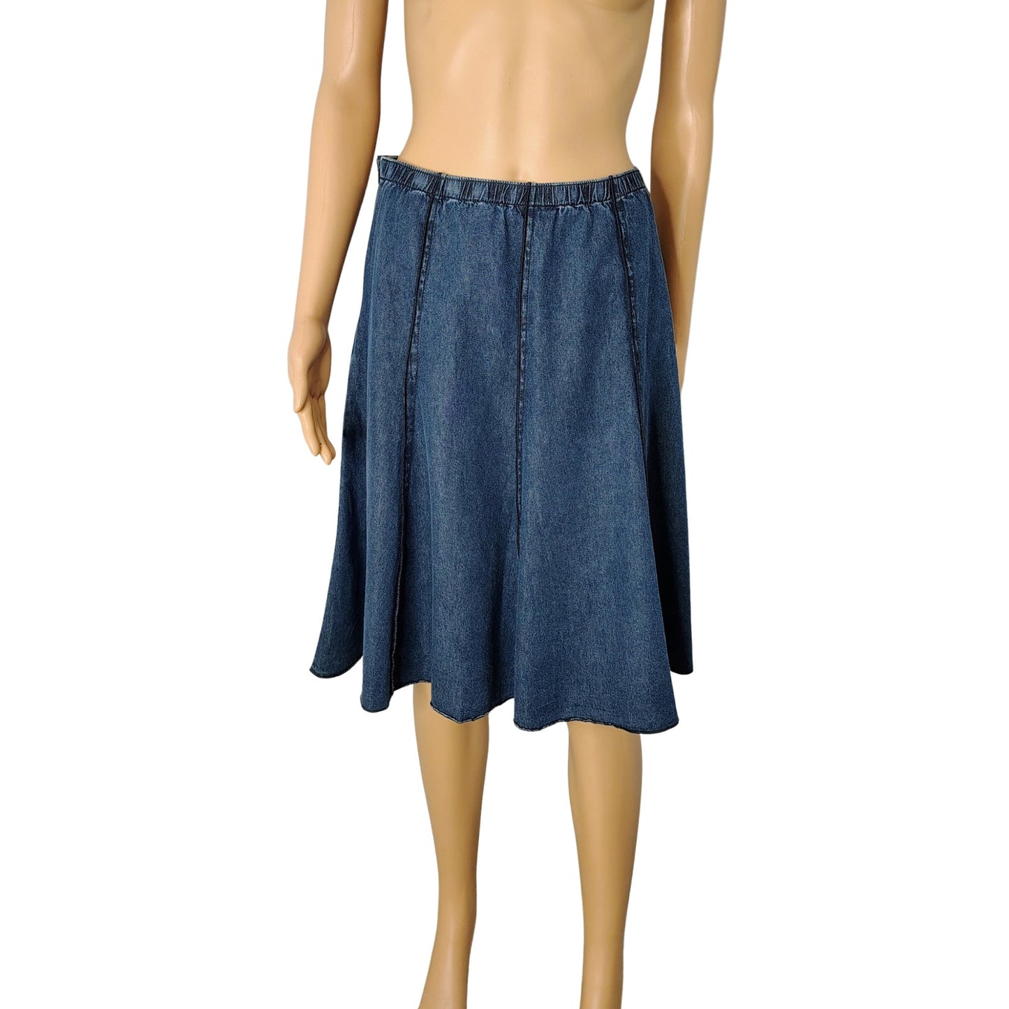 J Jill 100% Cotton Midi Denim Blue Panel Flare Skirt Elastic Waistband Size XSP