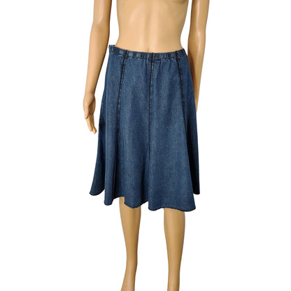 J Jill 100% Cotton Midi Denim Blue Panel Flare Skirt Elastic Waistband Size XSP