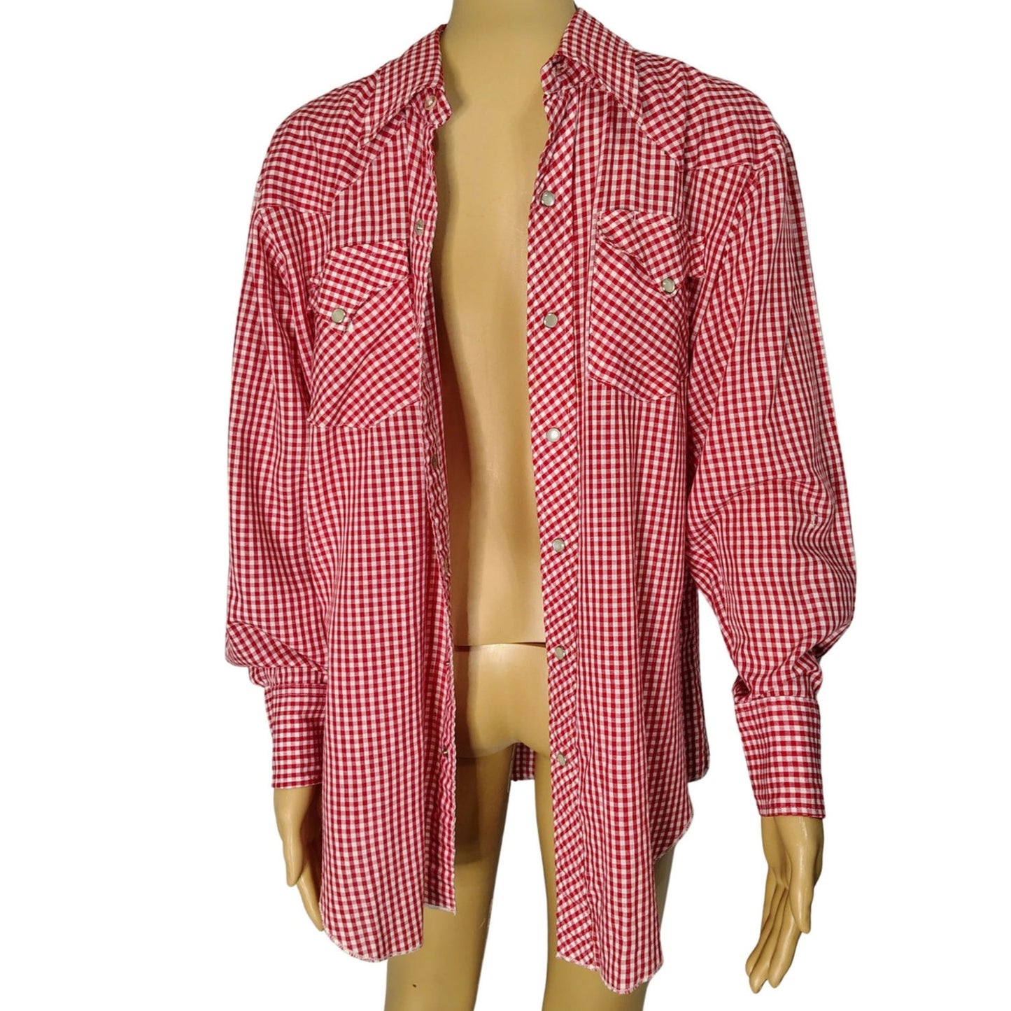 Ranchwear H Bar C Red White Checker Plaid Button Up Shirt Pearl Snaps  Size 16.5 [Vintage]