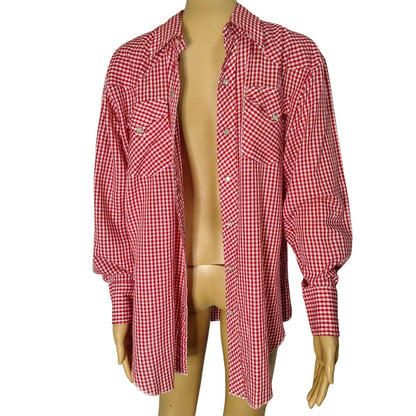Ranchwear H Bar C Red White Checker Plaid Button Up Shirt Pearl Snaps  Size 16.5 [Vintage]