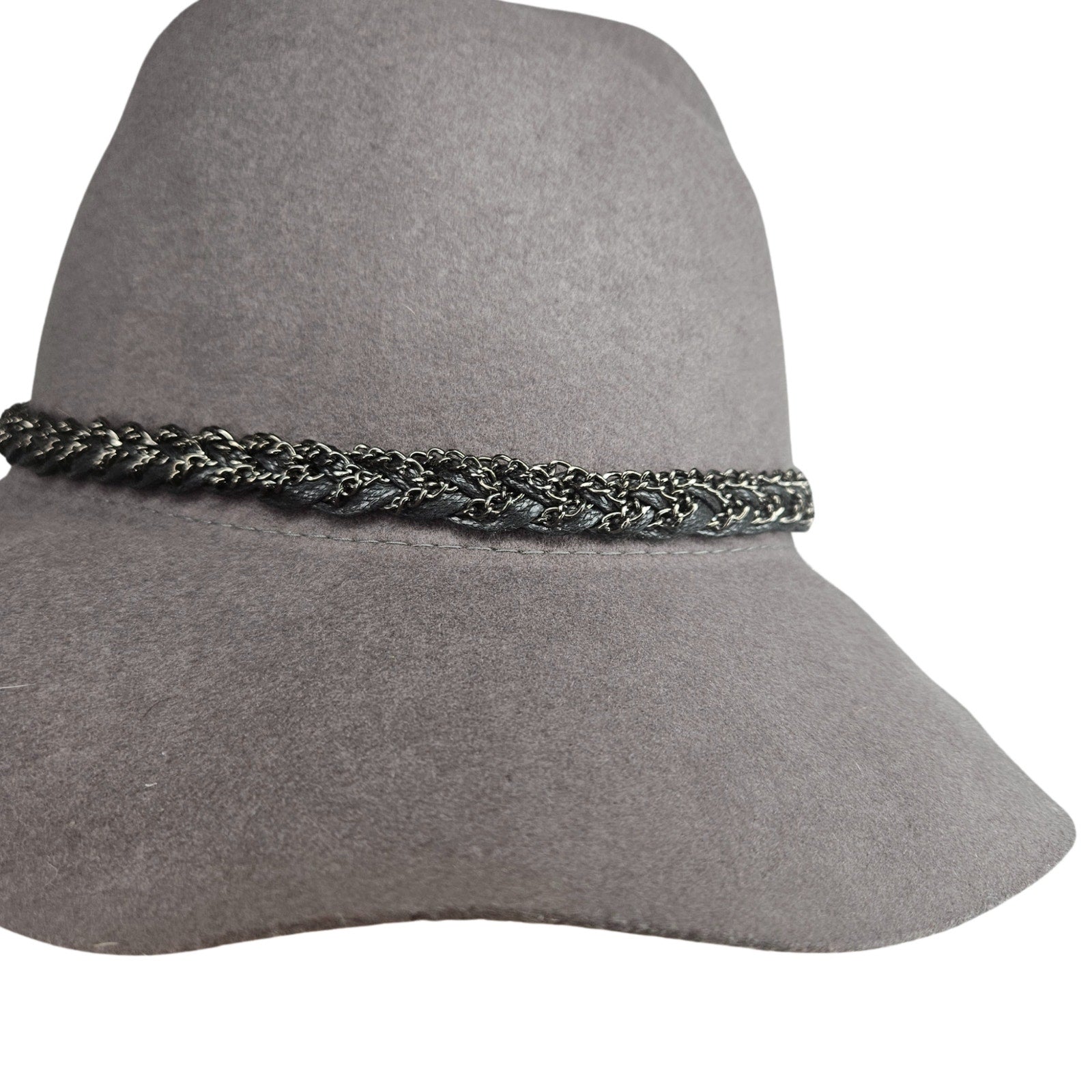 CC Exclusives Gray 100% Wool Wide Floppy Brim Hat Boho Braided Metal Chain Band