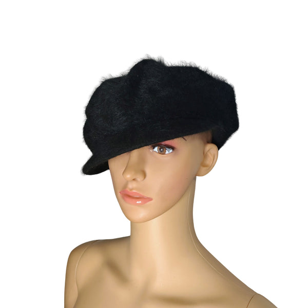 1990s Black Page Boy Cap Liz Claiborne Wool Rabbit Fur Blend Hat Small [Vintage]