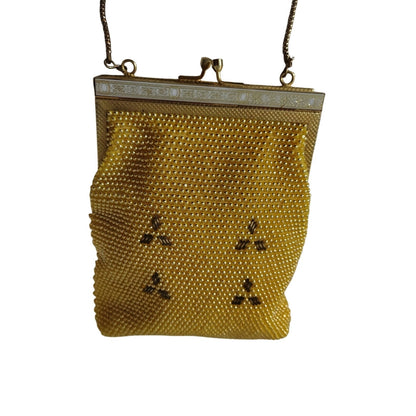 Vintage Yellow & Gold Tone Bubble Beaded Chain Handle Rectangle Evening Hand Bag
