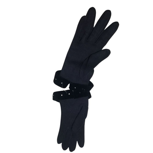 VINTAGE 50s 60s Evening Gloves Crystal Adorned Velvet Cuff Black Nylon Size S/M
