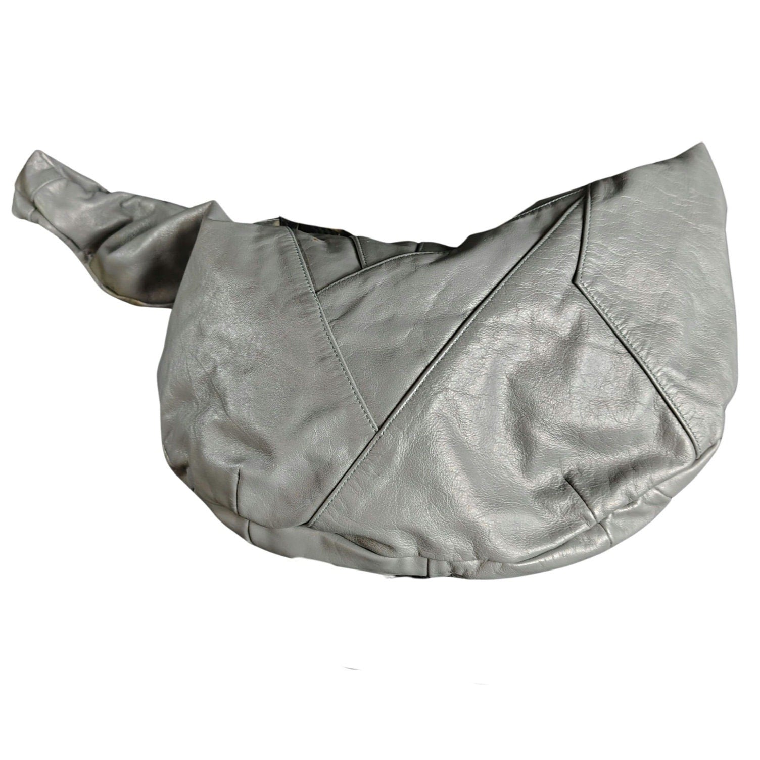 1980s Gray Leather Bohemian Boho Style Patchwork Crescent Bag Adjustable Strap [VINTAGE]