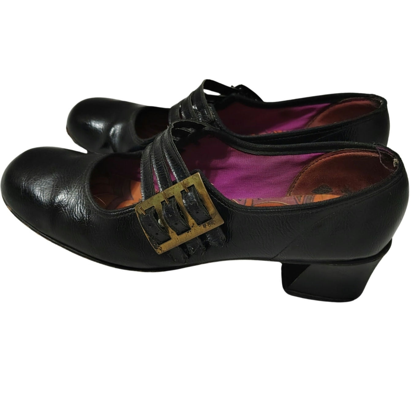60s Mary Janes Black Leather Square Toe Block Heel Womens Shoes Size 7 [Vintage]