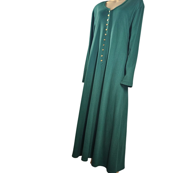 1990s Green Fit Flare Long Sleeve Button Front Ribbed Pullover Dress Size Large