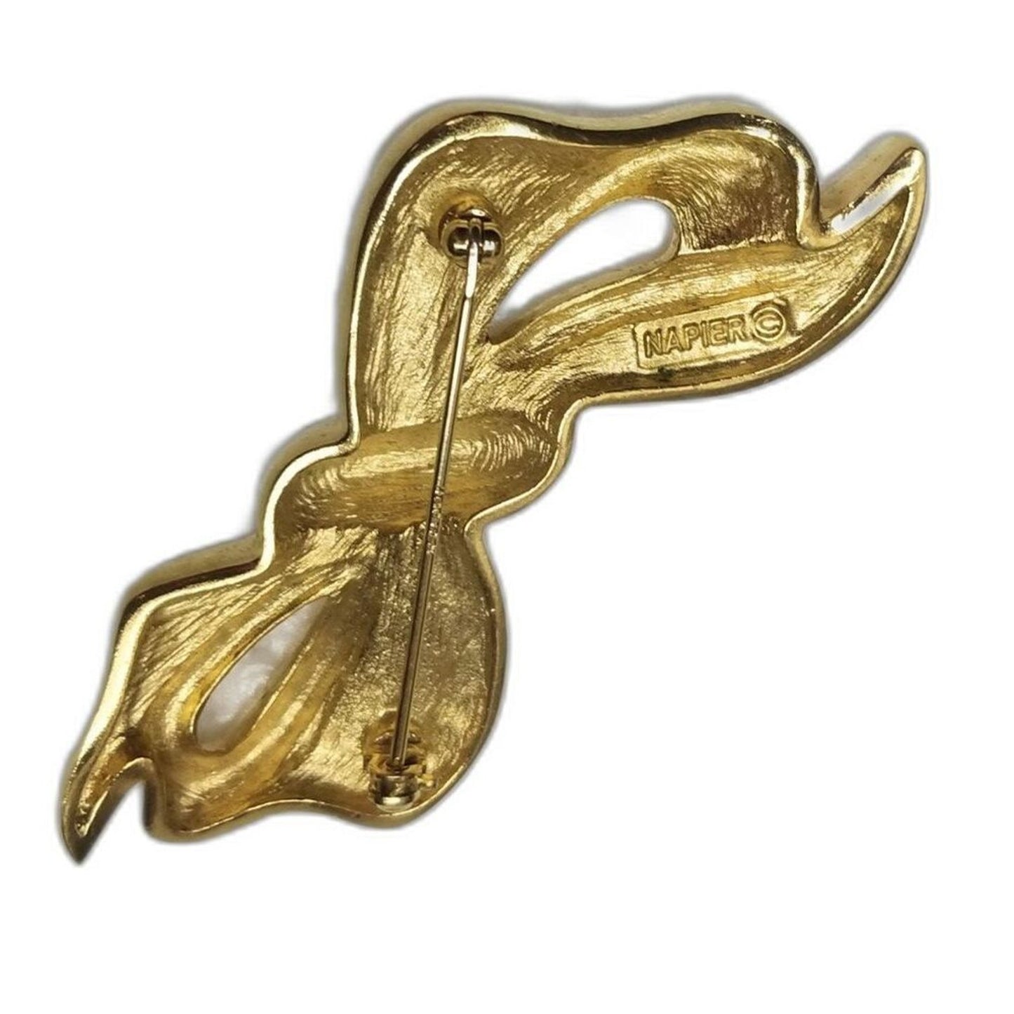 Napier Signed Polished Gold Tone Retro Bow Ribbon Brooch Safety Latch [Vintage]