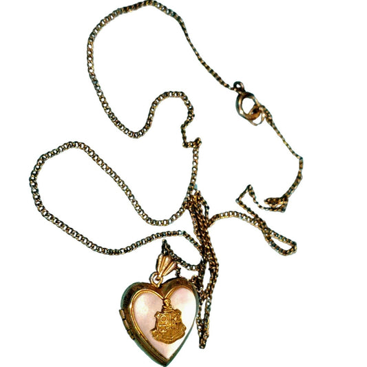 1940s Antique 12k GF Mother Of Pearl Heart Sweetheart Locket Chain Link Necklace [vintage]