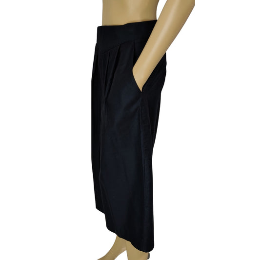 1990s Black Midi CWII California Pleated Skirt Faux Belt Two Side Pockets Size Small [Vintage]