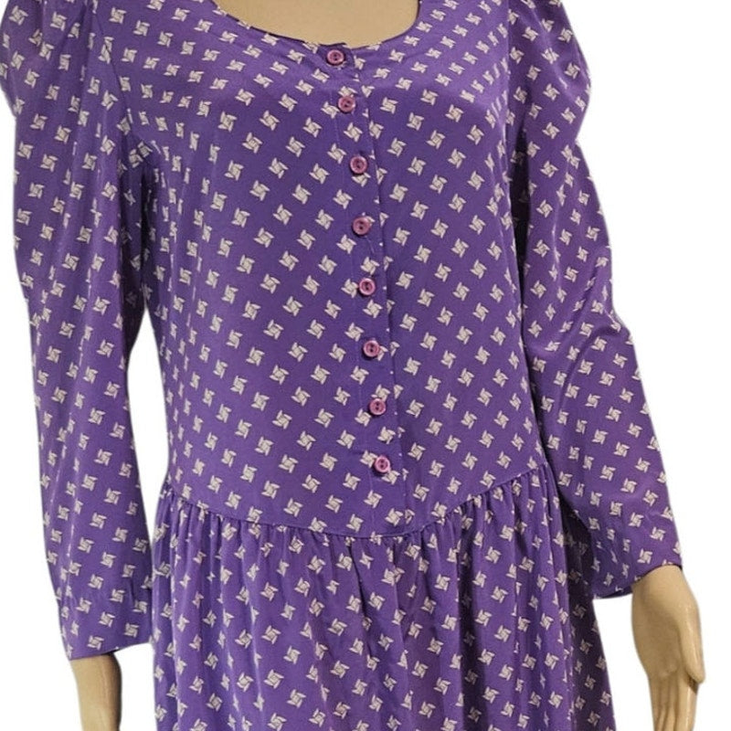 1980s 1990s Purple Puffy Long Sleeve Midi Drop Waist Dress Size 7/8 Petite [Vintage]