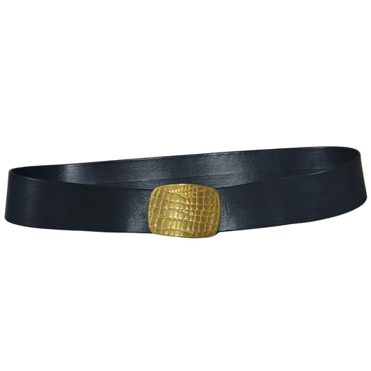 Wide Blue Leather Belt Gold Crocodile Print Huge Belt Buckle Hook Closure OS