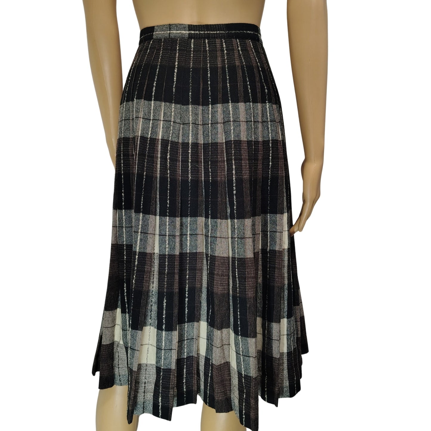 1960s Pleated Brown Plaid Reversible Button Up A Line Skirt Size XS [Vintage]